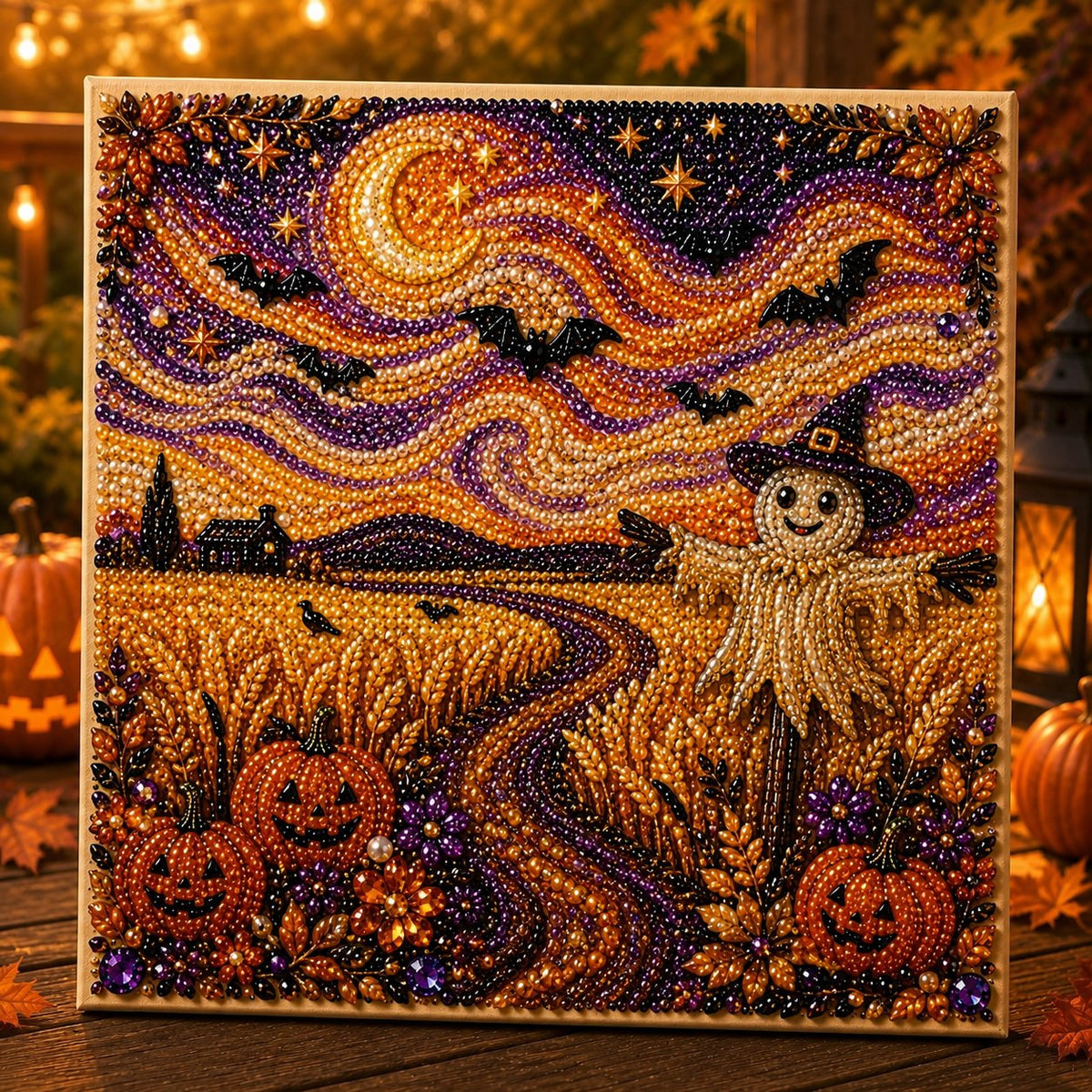 🎃👻 Premium 3D Pearl Halloween Wall Art Kit | Luxury Flocked Canvas with Scratch-Resistant Non-Fading Pearl Beads DIY Spooky Decor – 📦✨