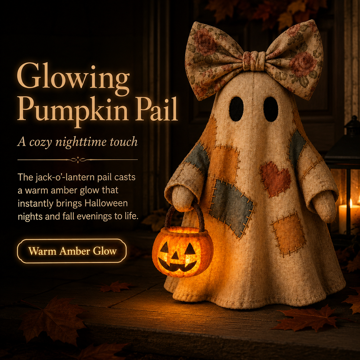 Lighted Vintage Patchwork Ghost – Cozy Glowing Halloween Decor with Pumpkin Lantern