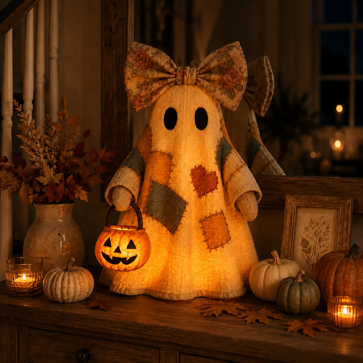 Lighted Vintage Patchwork Ghost – Cozy Glowing Halloween Decor with Pumpkin Lantern