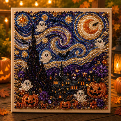 🎃👻 Premium 3D Pearl Halloween Wall Art Kit | Luxury Flocked Canvas with Scratch-Resistant Non-Fading Pearl Beads DIY Spooky Decor – 📦✨