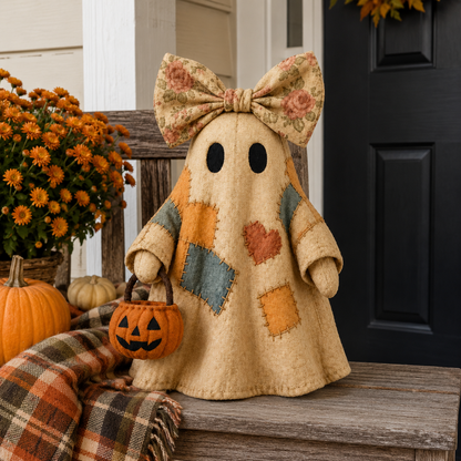 Lighted Vintage Patchwork Ghost – Cozy Glowing Halloween Decor with Pumpkin Lantern