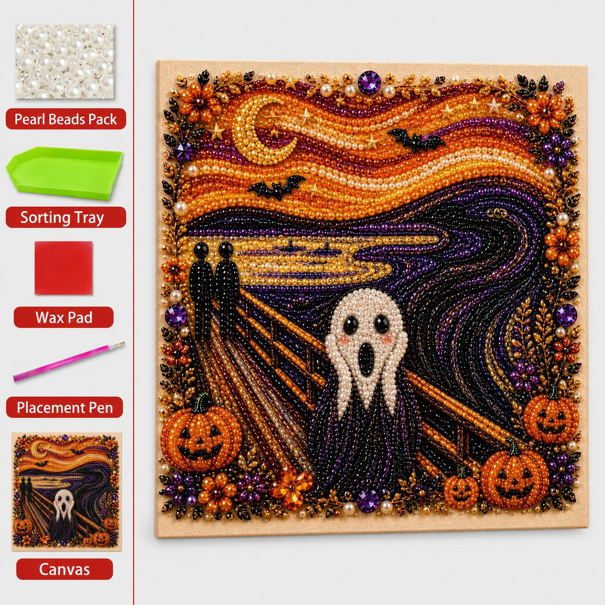 🎃👻 Premium 3D Pearl Halloween Wall Art Kit | Luxury Flocked Canvas with Scratch-Resistant Non-Fading Pearl Beads DIY Spooky Decor – 📦✨