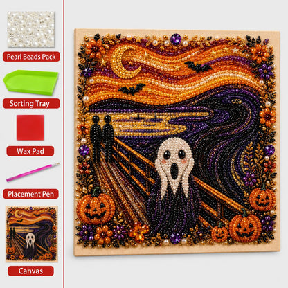 🎃👻 Premium 3D Pearl Halloween Wall Art Kit | Luxury Flocked Canvas with Scratch-Resistant Non-Fading Pearl Beads DIY Spooky Decor – 📦✨