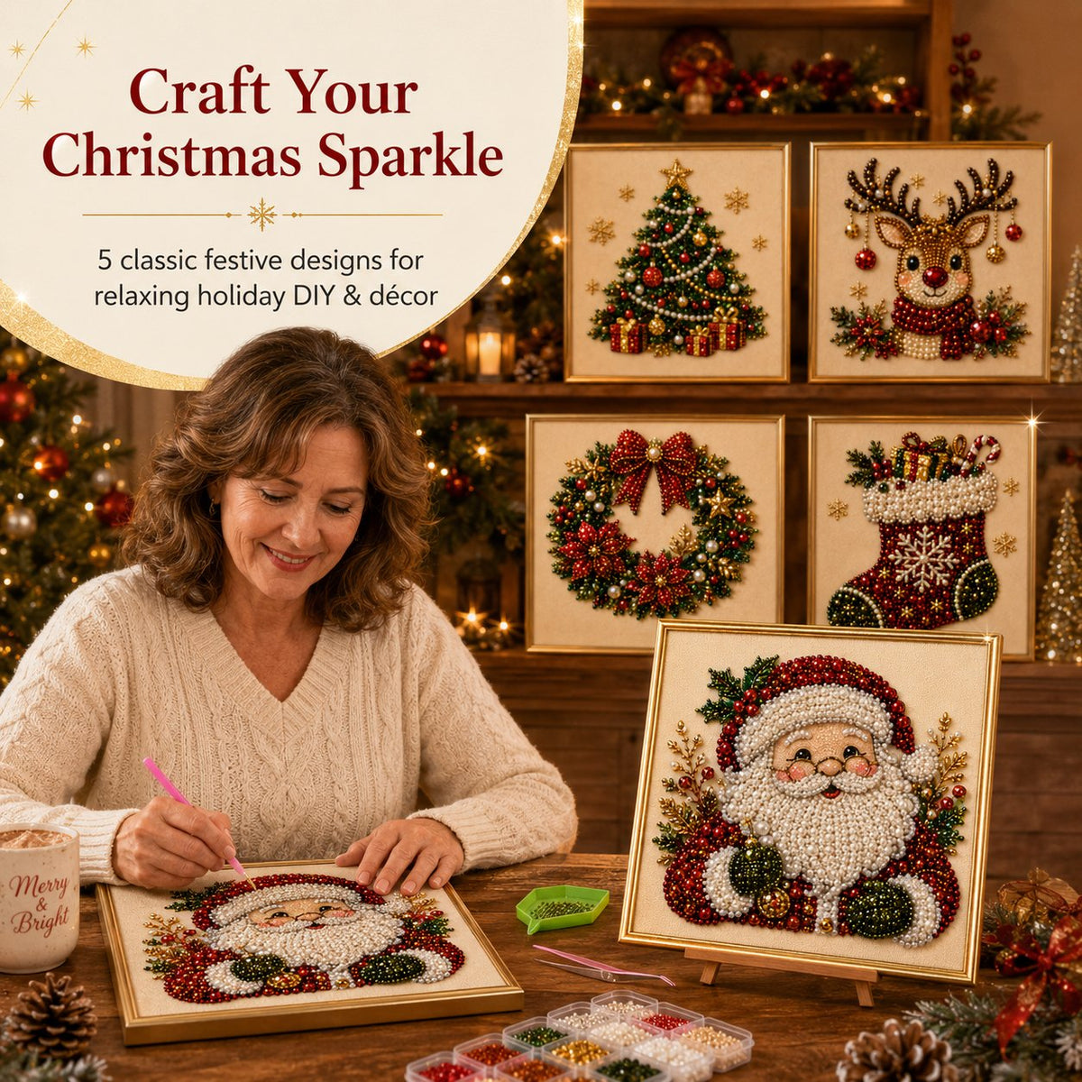 🧘Relaxing & Beginner-Friendly-💎DIY Christmas Pearl Diamond Painting Art Kit With Frame（7.87in*7.87in)