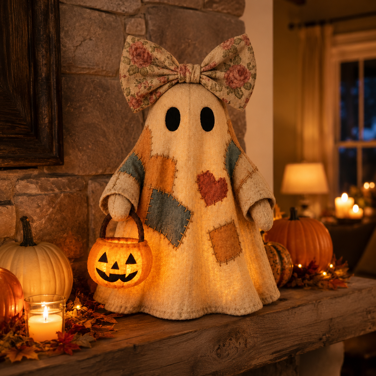 Lighted Vintage Patchwork Ghost – Cozy Glowing Halloween Decor with Pumpkin Lantern